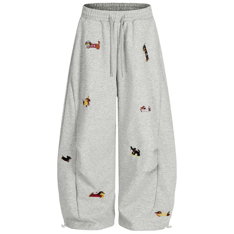 Women’s Sausage Dog Embroidered Pants – Loose Fit Straight Leg Casual Sweatpants