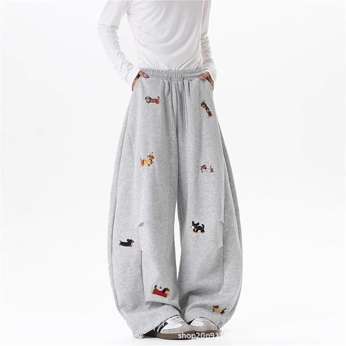 Women’s Sausage Dog Embroidered Pants – Loose Fit Straight Leg Casual Sweatpants