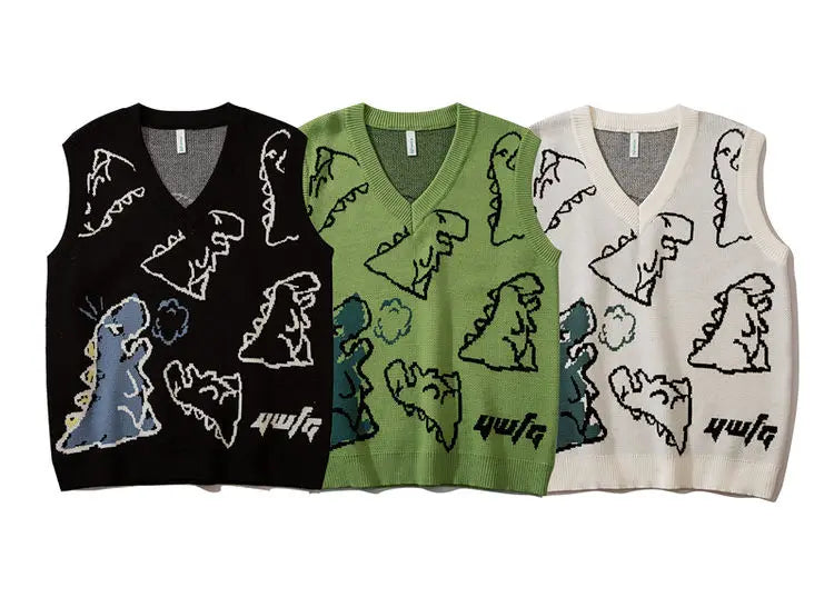 Loose Dinosaur Graffiti Knitted Vests