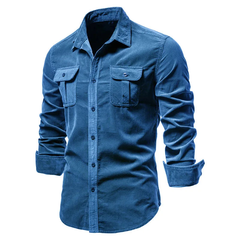 Men’s 100% Cotton Corduroy Shirt – Slim Fit Single-Breasted Casual Shirt