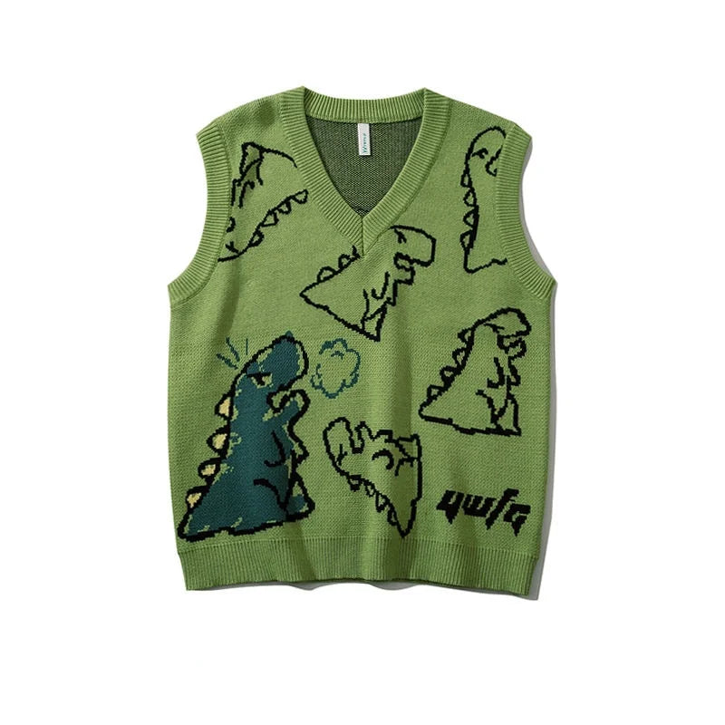 Loose Dinosaur Graffiti Knitted Vests