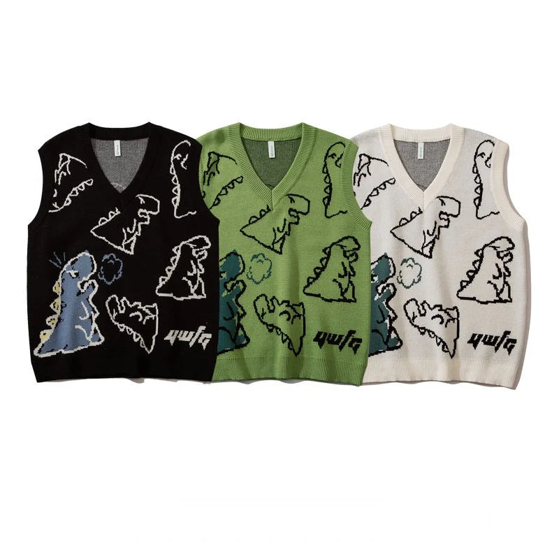 Loose Dinosaur Graffiti Knitted Vests