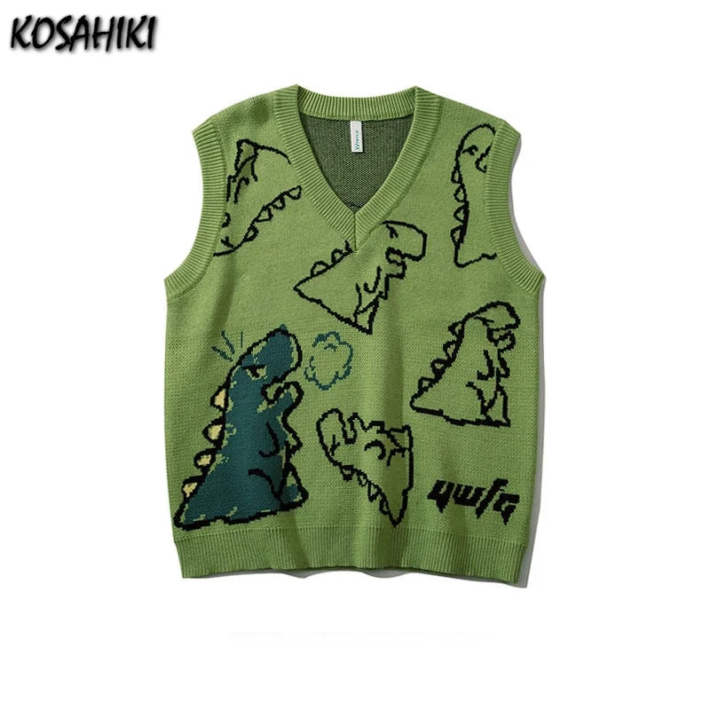 Loose Dinosaur Graffiti Knitted Vests