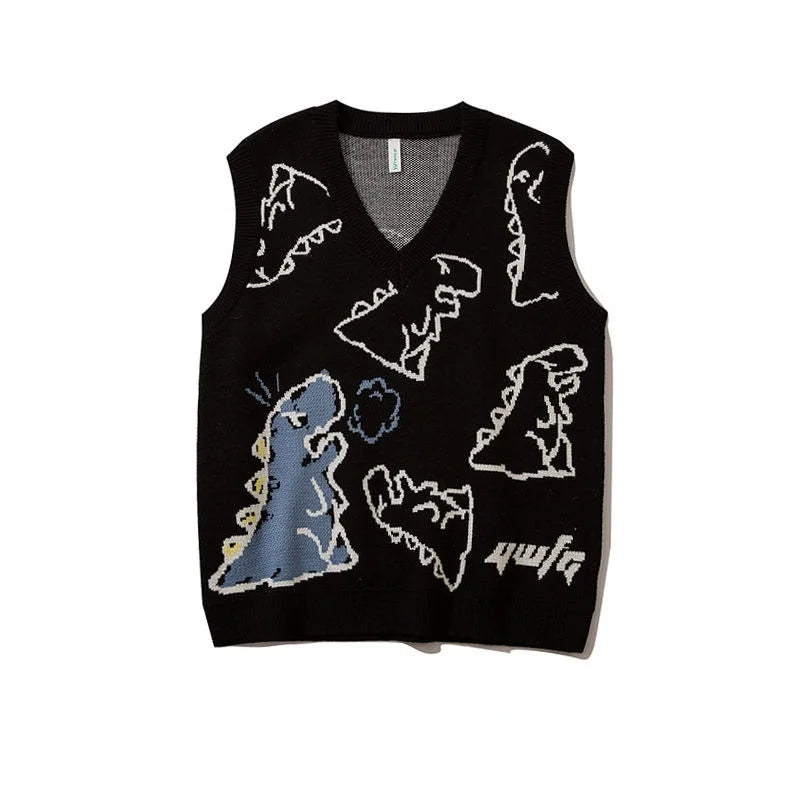 Loose Dinosaur Graffiti Knitted Vests