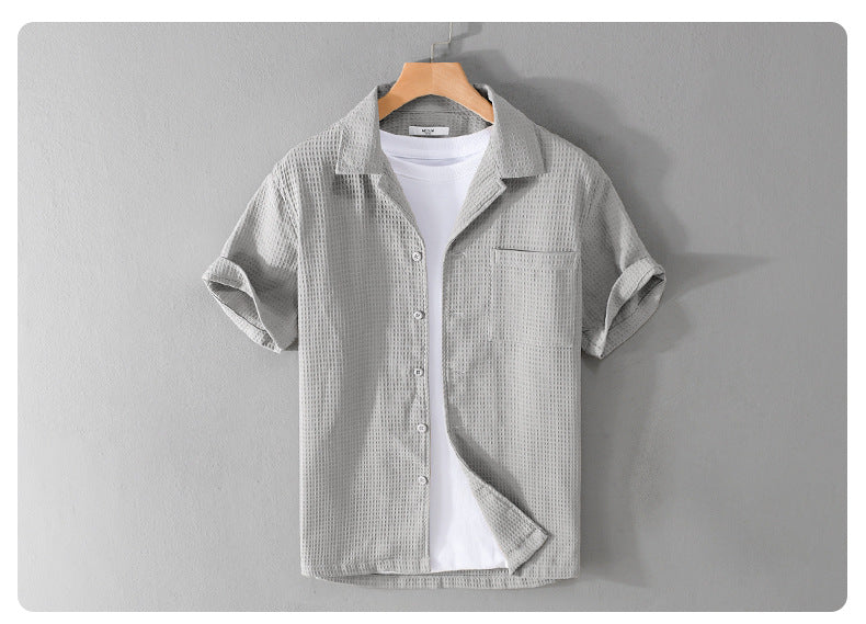Summer Waffle Short-Sleeve Cuban Collar Shirt – Lightweight & Stylish
