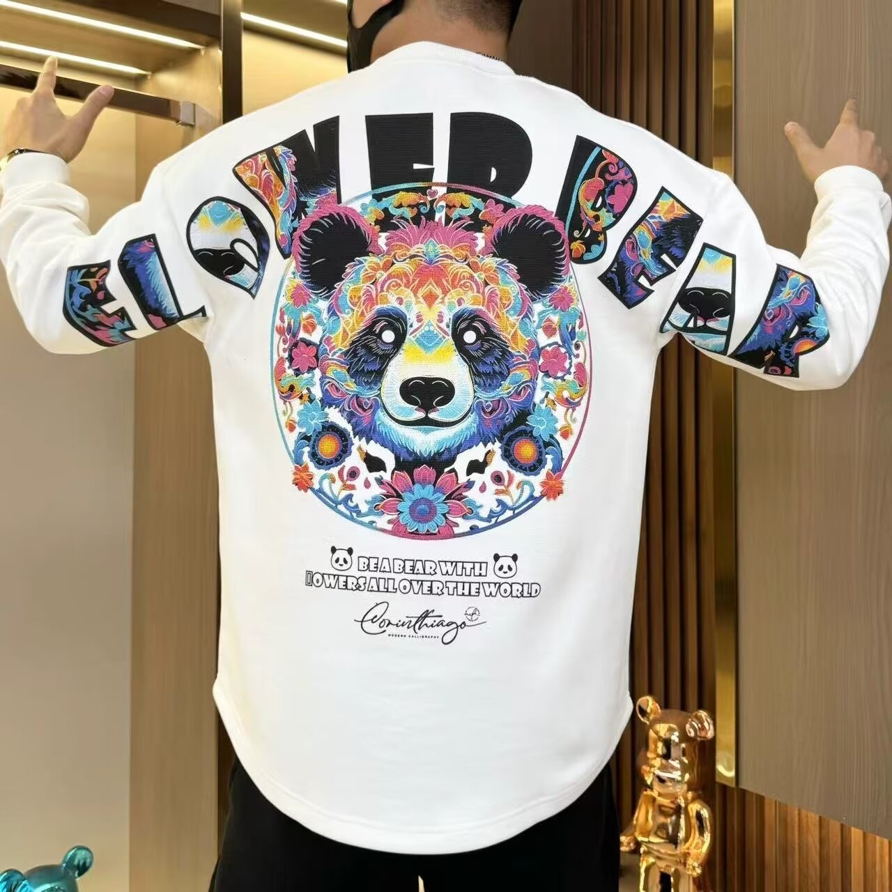 Panda Print Curved Hem Sweatshirt – Casual Long Sleeve Streetwear