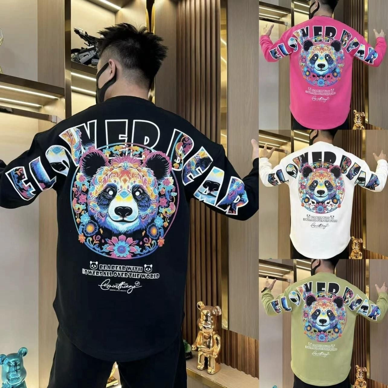Panda Print Curved Hem Sweatshirt – Casual Long Sleeve Streetwear