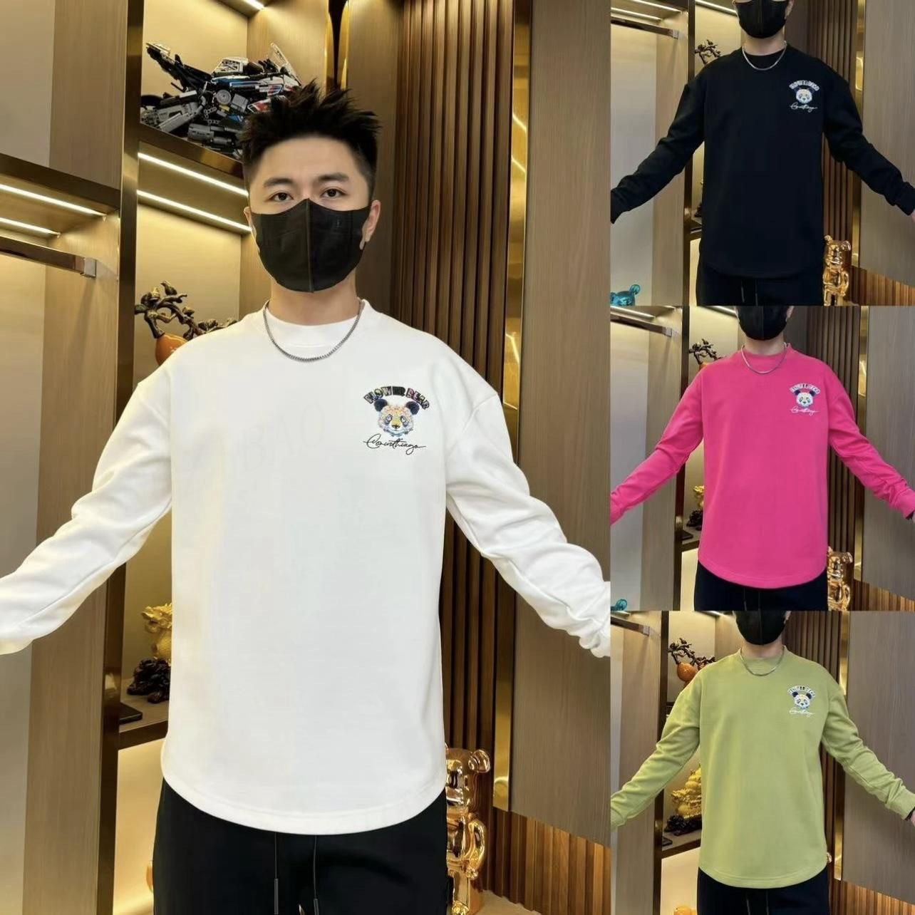 Panda Print Curved Hem Sweatshirt – Casual Long Sleeve Streetwear