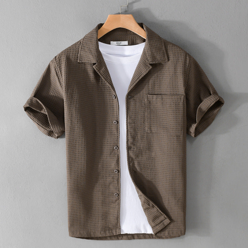 Summer Waffle Short-Sleeve Cuban Collar Shirt – Lightweight & Stylish