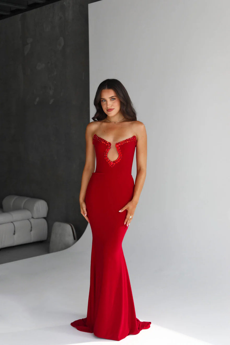 Red Diamond Bandage Evening Dress – Elegant Luxury Bodycon