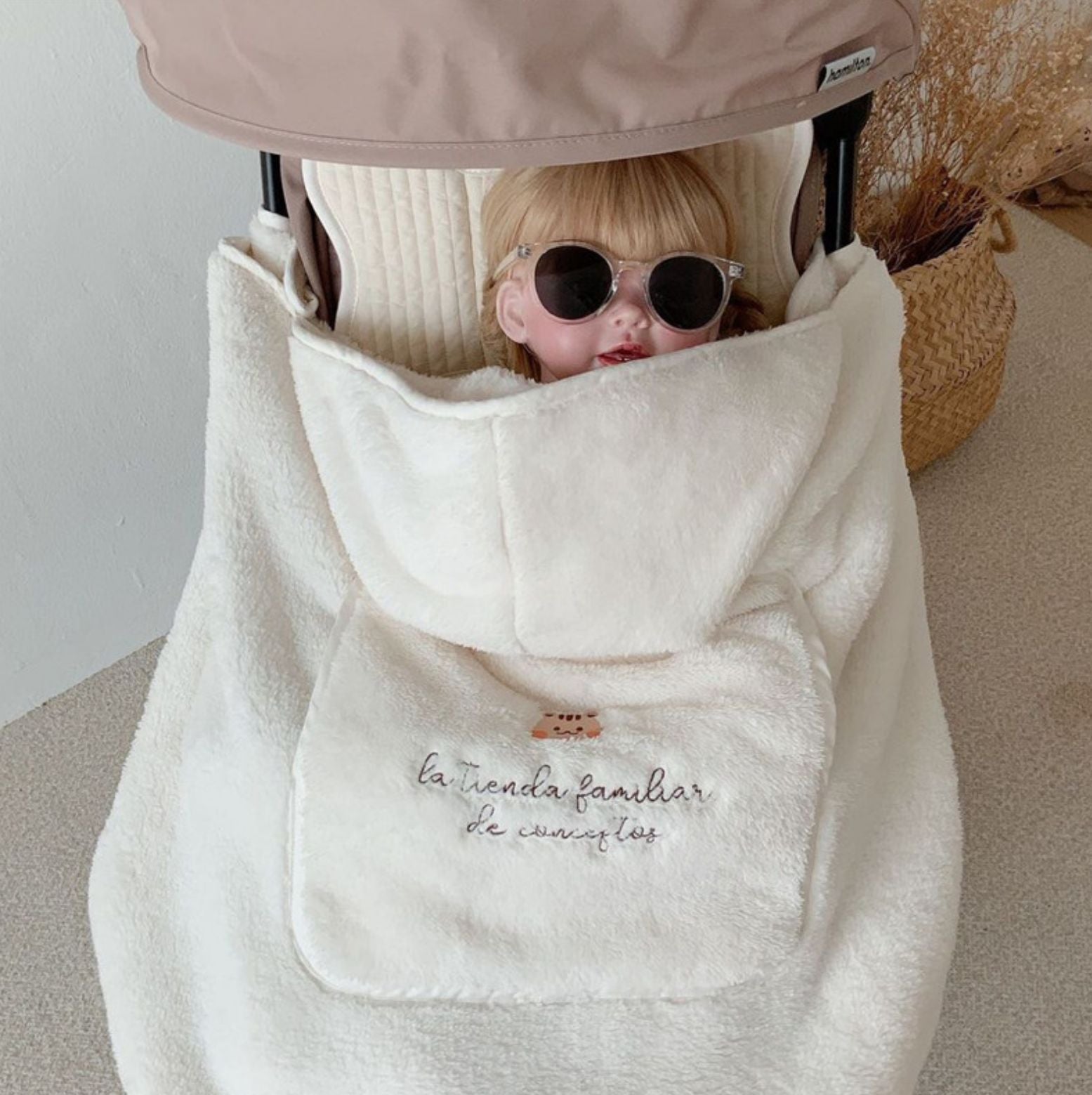 Embroidered Bear Windproof Baby Blanket – Cosy All-Season Pram & Carrier Cover