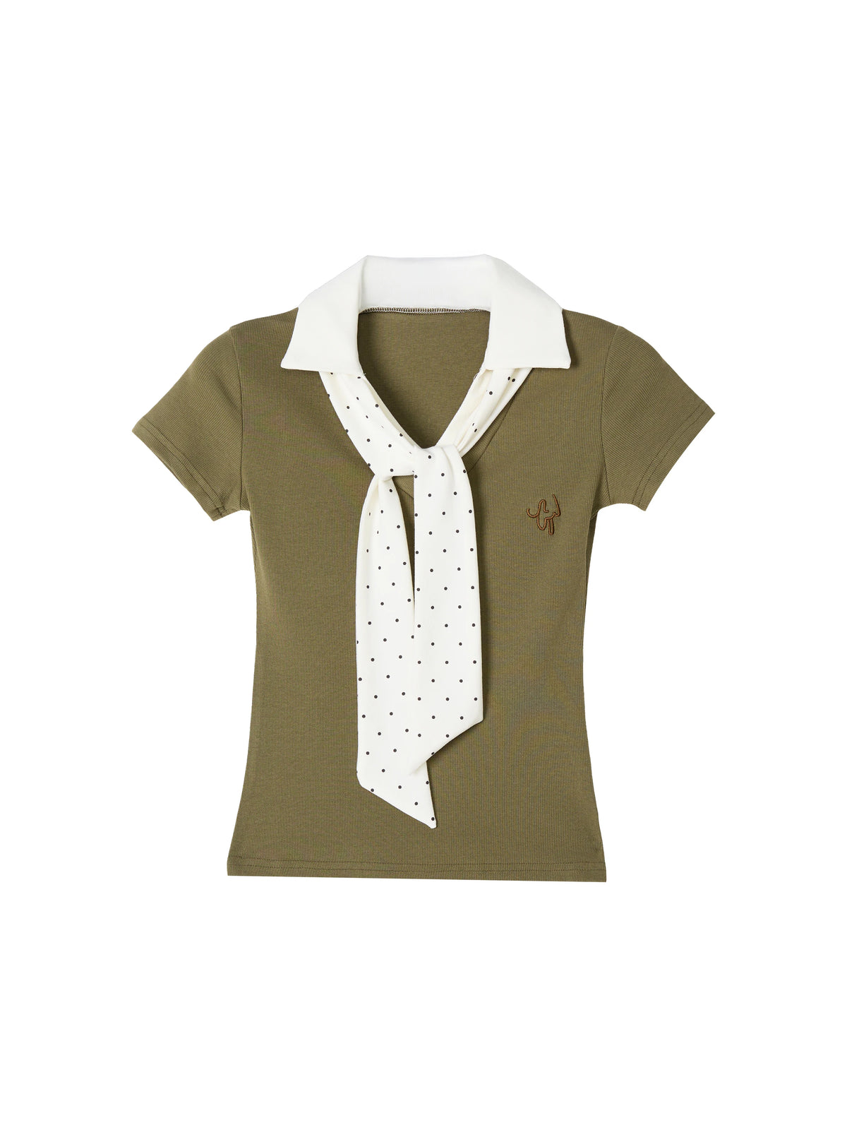 Women’s Green Polka Dot V-Neck Top – Slim Fit Short Sleeve Illusion Two-Piece Summer T-Shirt