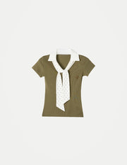 Women’s Green Polka Dot V-Neck Top – Slim Fit Short Sleeve Illusion Two-Piece Summer T-Shirt