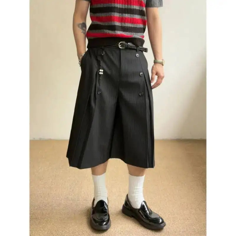 PFHQ Men’s Pinstripe Pleated Shorts – Double-Button A-Line Mid-Length Pants | American Retro Streetwear