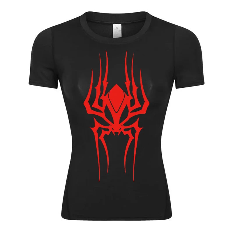 Women’s Spider Print Compression Shirt – Short Sleeve Athletic Top for Running, Gym & Yoga