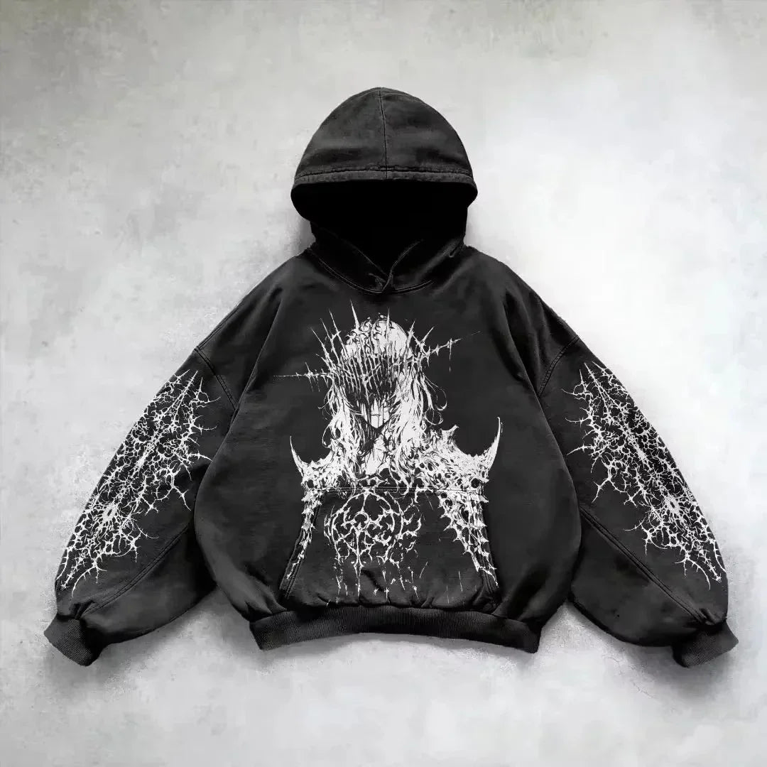 Y2K Gothic Graphic Hoodie – Loose Fit Grunge Punk Sweatshirt | Men’s & Women’s Streetwear