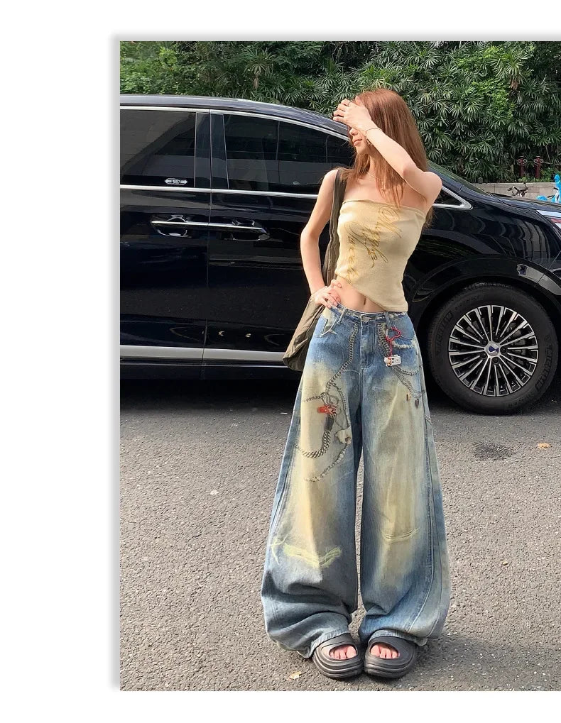 Mary's American Retro 3D Printed Chain Design Loose Wide Leg Denim Jeans