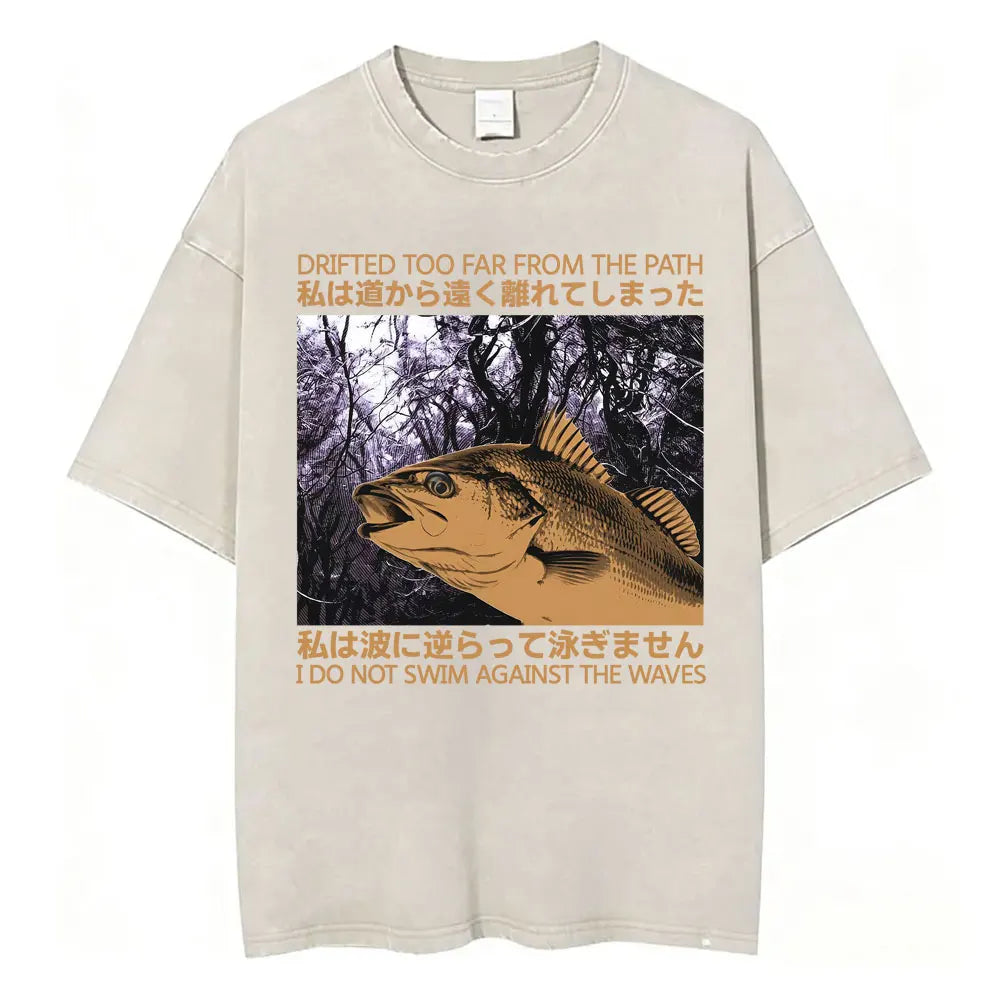 Unisex Japanese Fish Meme T-Shirt – Vintage Washed Oversized Tee | Harajuku Streetwear Graphic Top