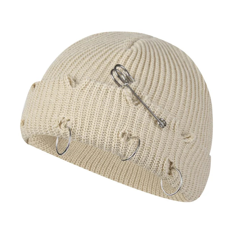 Women’s Y2K Gothic Beanie – Winter Knit Skull Cap with Metal Ring Detail, Harajuku Hip Hop Streetwear Hat