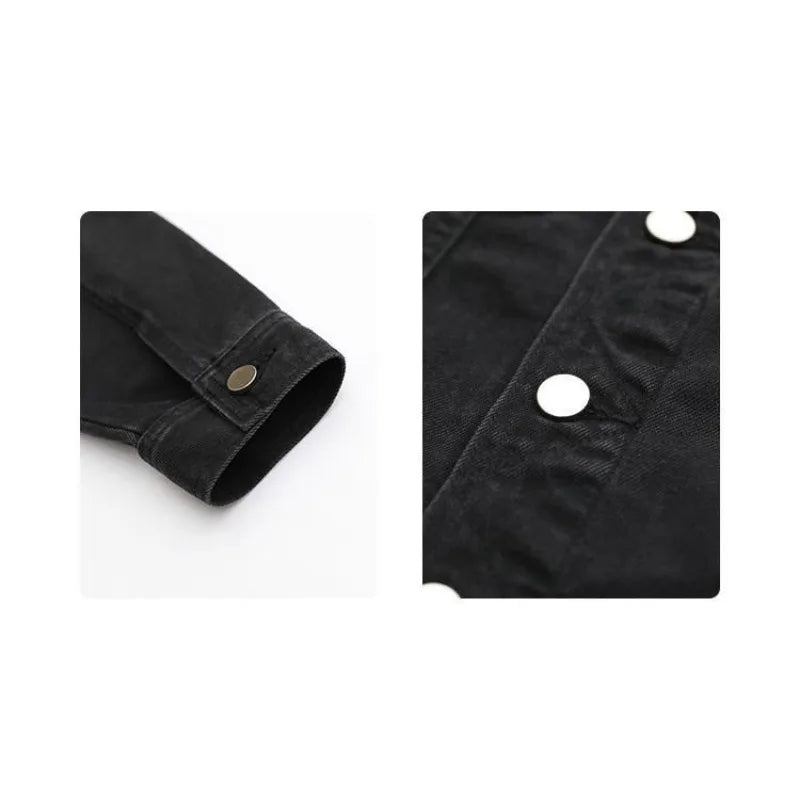Men’s Vintage Black Denim Jacket – Loose Fit Long Sleeve Spring Streetwear Coat