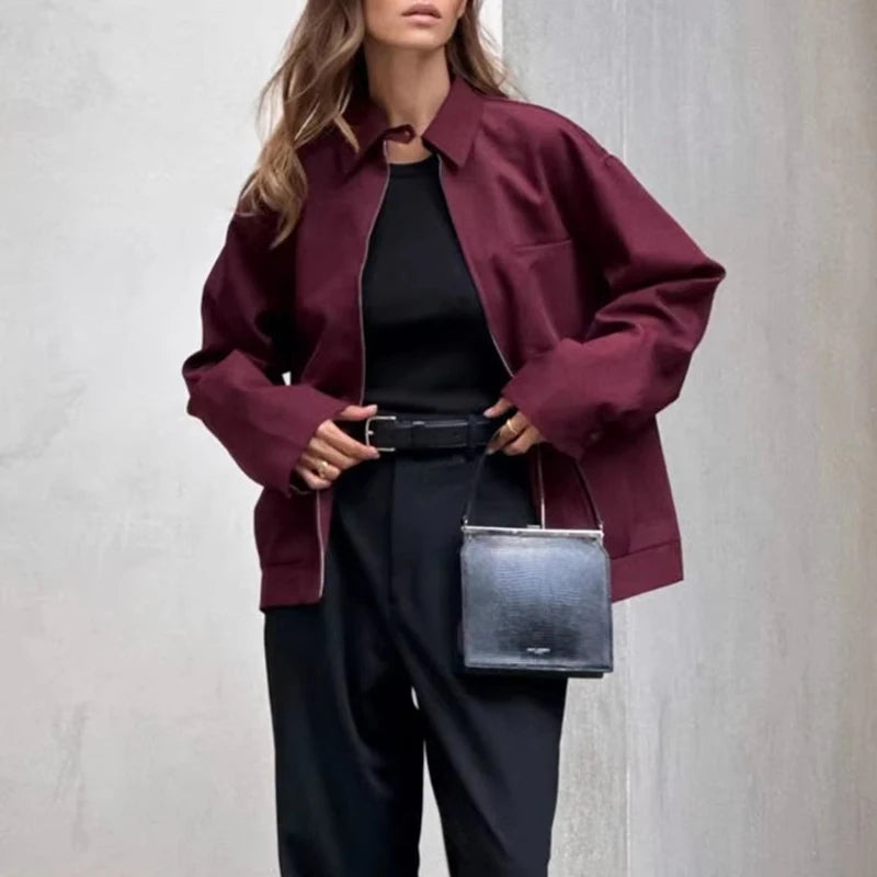 Women’s Retro Bomber Jacket – Loose Fit Zip-Up Fall Coat