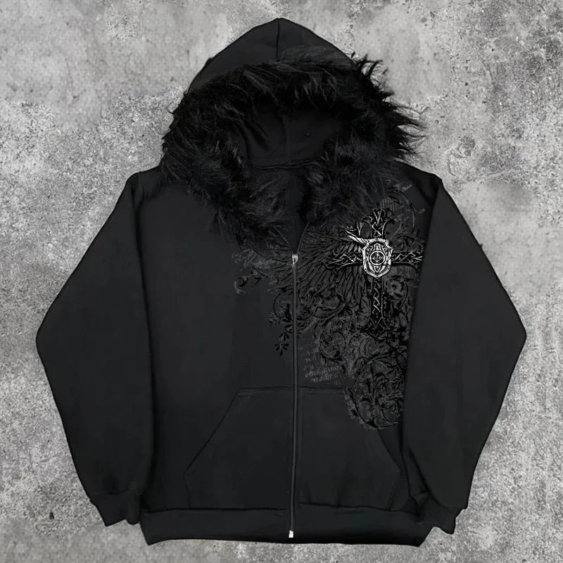 Unisex Y2K Graphic Hoodie – Thick Warm Zip-Up Jacket