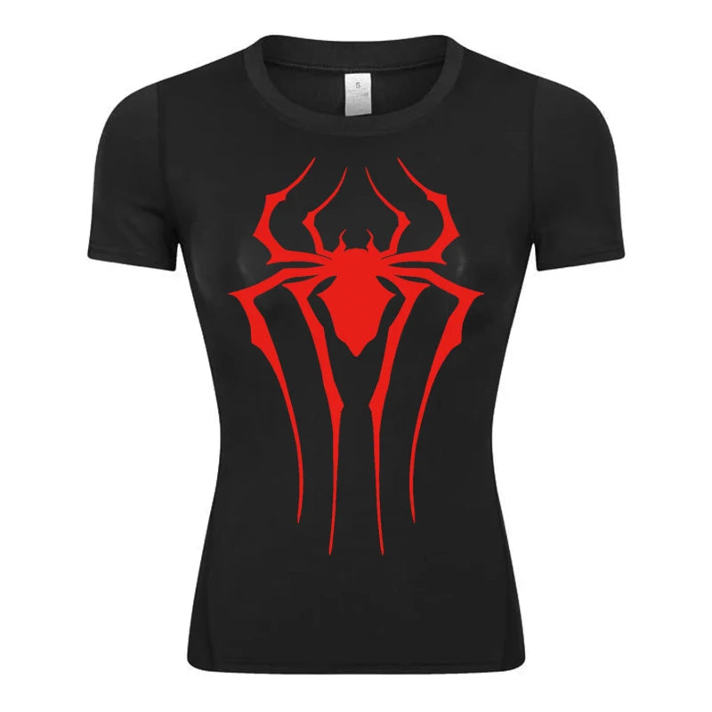 Women’s Spider Print Compression Shirt – Short Sleeve Athletic Top for Running, Gym & Yoga