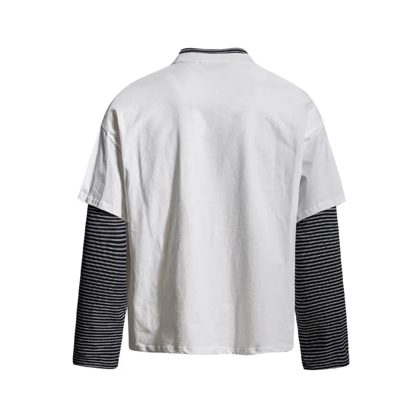 Men’s Retro Striped Long Sleeve T-Shirt – Round Neck Faux Layered Top | American Casual Streetwear