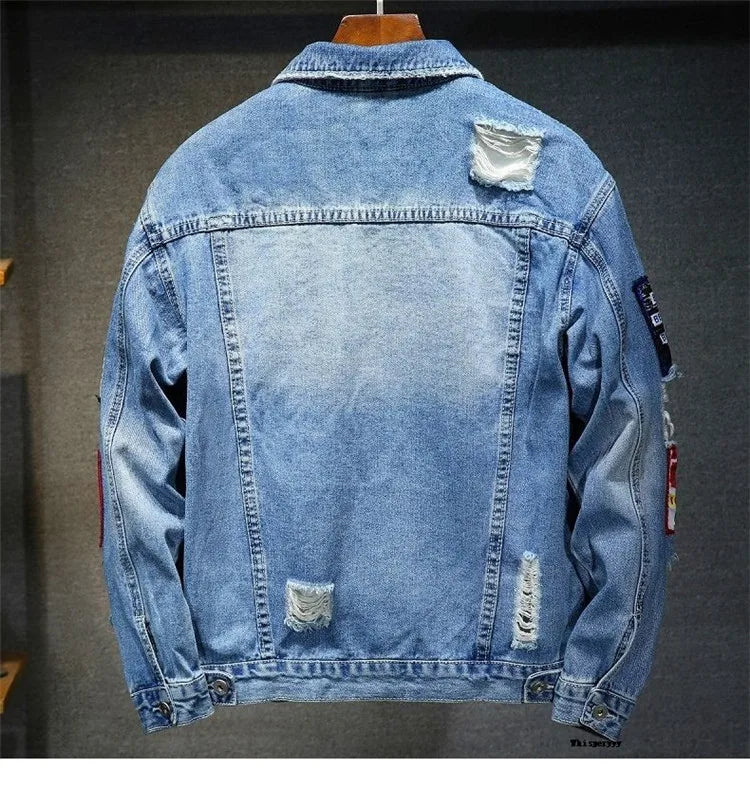 Men Brand Denim Jacket Streetwear Punk Motorcycle Ripped Male Jeans Outwear