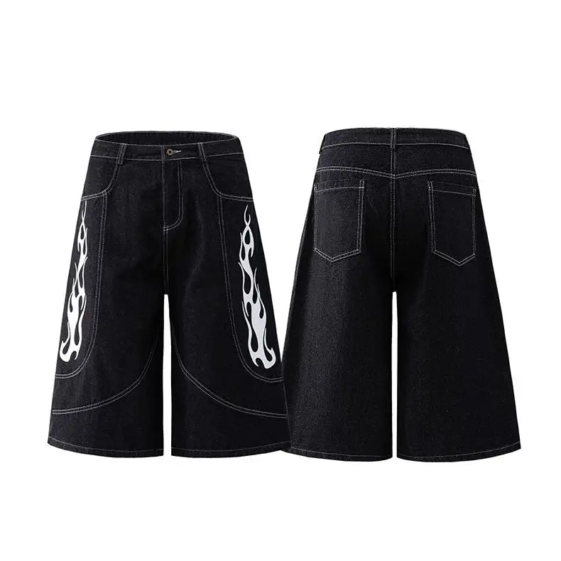 BTNY Men’s Flame Print Jorts – American Retro Wide-Leg Loose-Fit Denim Shorts, Cropped Summer Streetwear