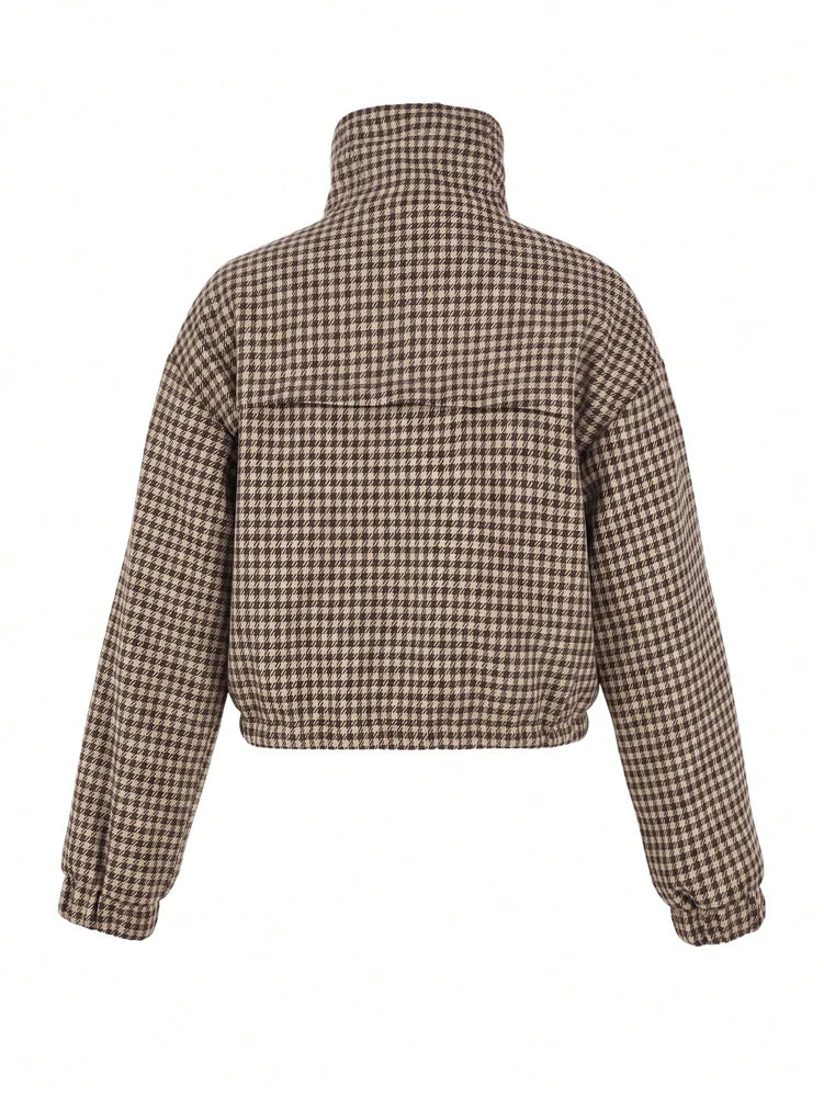 Women’s Houndstooth Cropped Jacket – Stylish Casual Streetwear Coat, Trendy Fall & Winter Outerwear