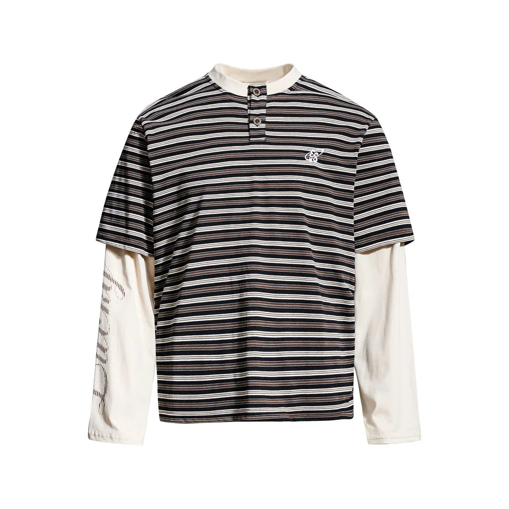 Men’s Striped Faux Two-Piece T-Shirt – Loose Fit Long Sleeve American Streetwear Top