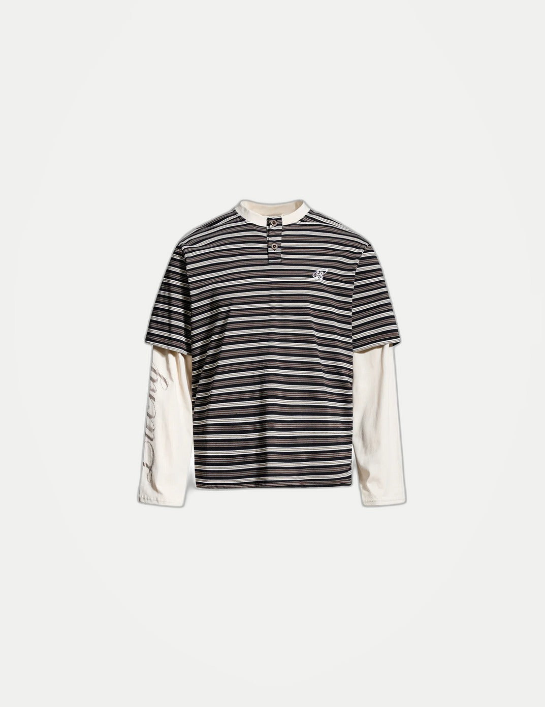 Men’s Striped Faux Two-Piece T-Shirt – Loose Fit Long Sleeve American Streetwear Top