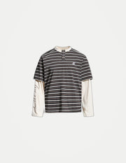 Men’s Striped Faux Two-Piece T-Shirt – Loose Fit Long Sleeve American Streetwear Top