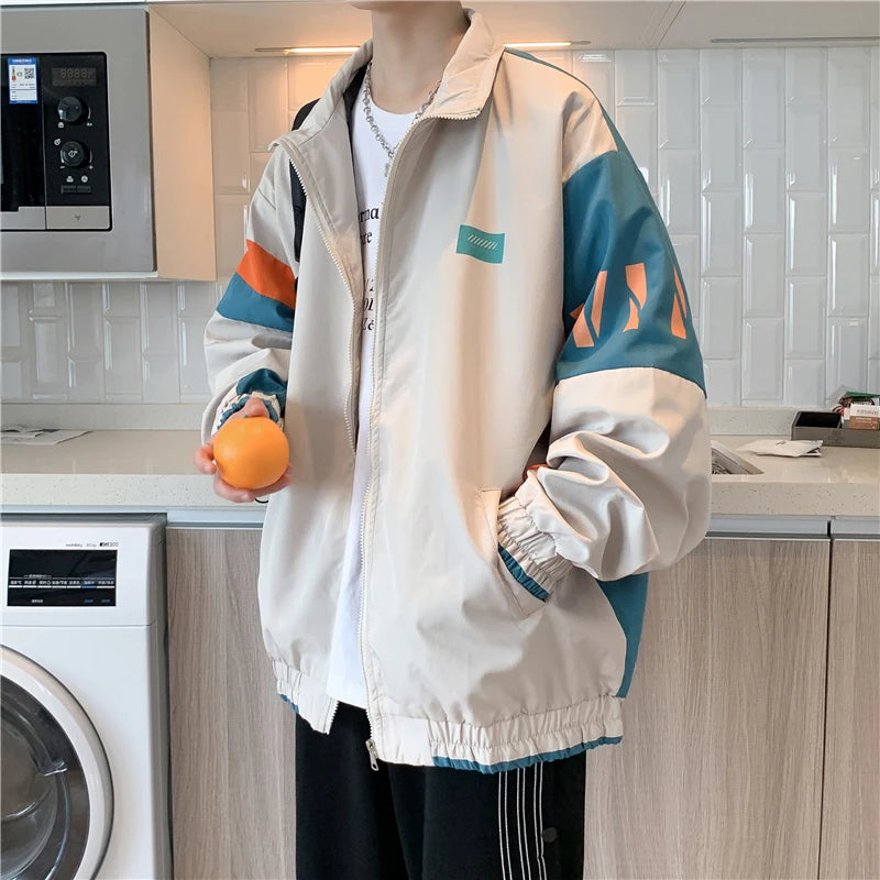 Men’s Spring & Autumn Casual Jacket – Loose Fit Sporty Zip-Up Long Sleeve Hong Kong Style Outerwear