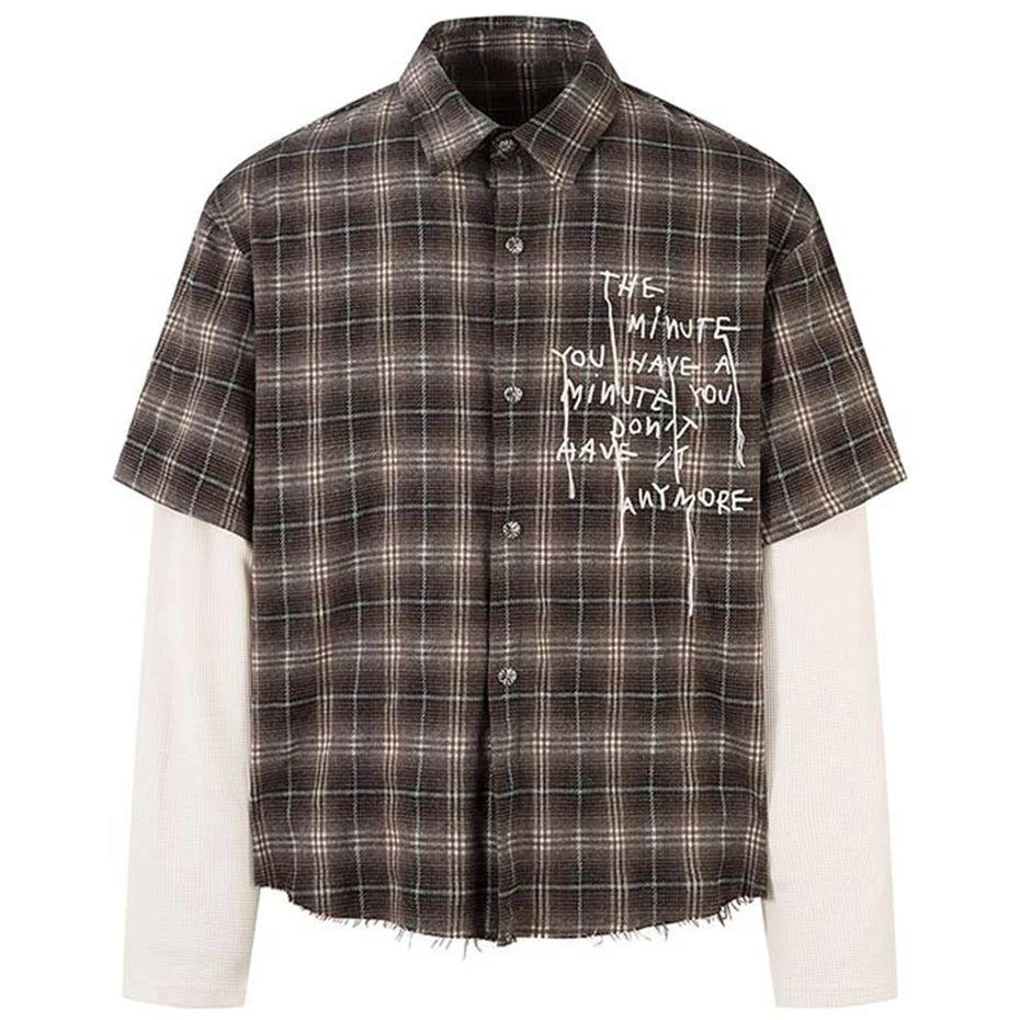Men’s Vintage Plaid Layered Shirt – Loose Fit Long Sleeve Streetwear