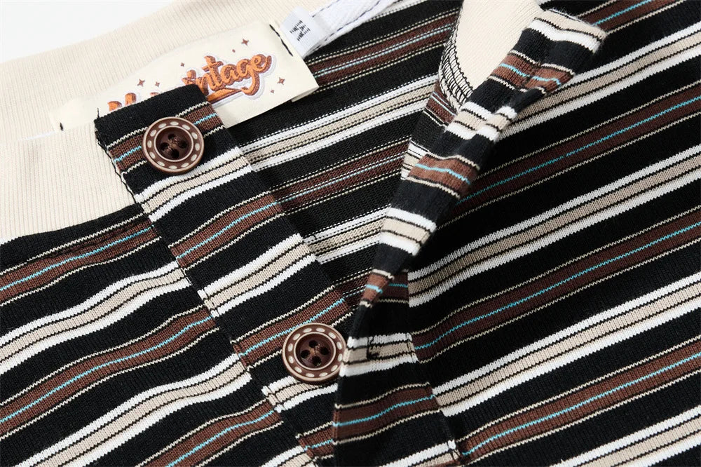 Men’s Striped Faux Two-Piece T-Shirt – Loose Fit Long Sleeve American Streetwear Top