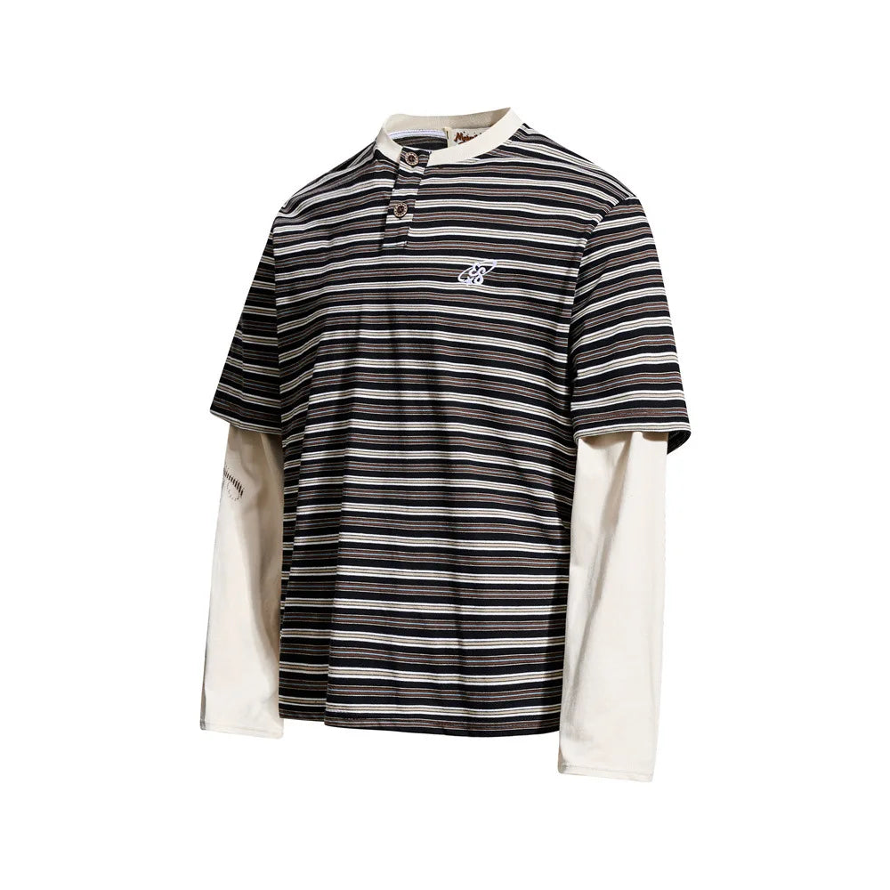 Men’s Striped Faux Two-Piece T-Shirt – Loose Fit Long Sleeve American Streetwear Top