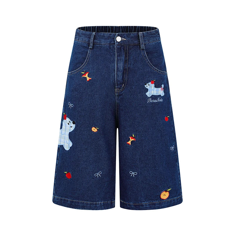 Women’s Retro Dog Embroidery Wide-Leg Jeans – High-Waist Loose Denim Pants | Vintage Summer Streetwear