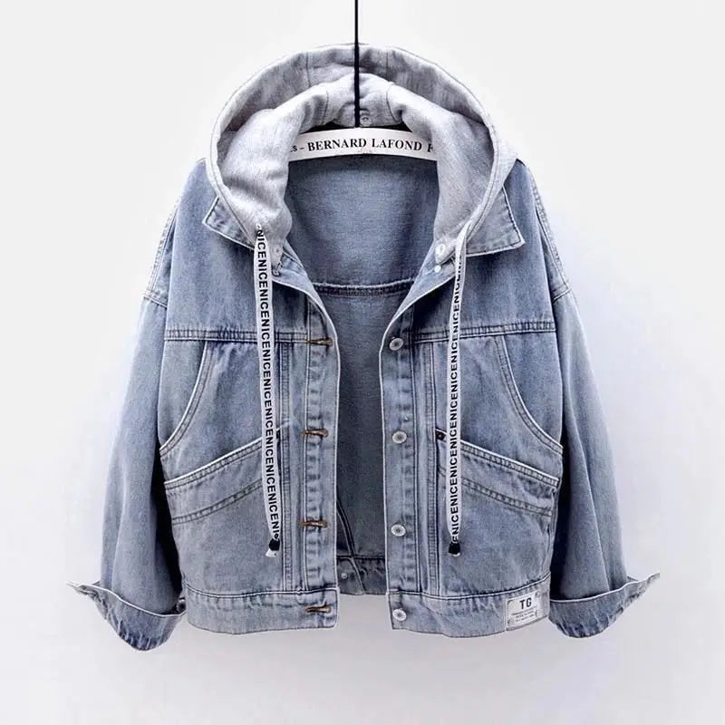 Women’s Hooded Denim Jacket – Retro Loose-Fit Short Coat for Spring & Autumn