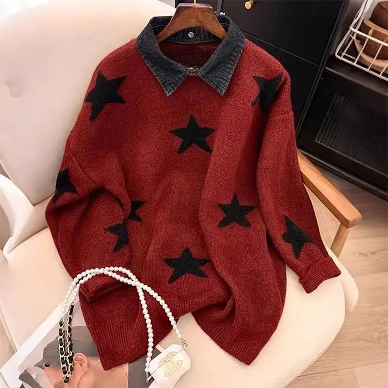 Women’s Star Embroidered Knit Sweater – Loose Fit Long Sleeve Casual Pullover, Comfortable Spring & Autumn Outerwear