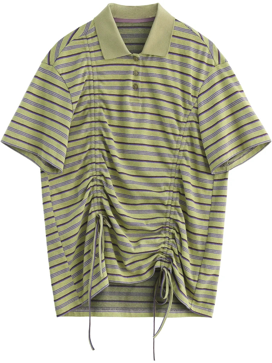 Women’s Contrast Stripe T-Shirt – Slim Fit Pleated Short-Sleeve Top | Spring & Autumn