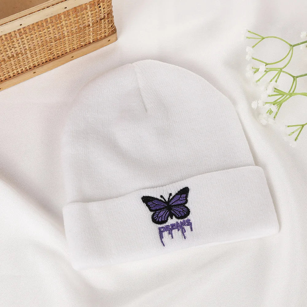 Women’s Cartoon Butterfly Knitted Beanie – Cute Crochet Winter Hat, Warm Autumn Outdoor Cap