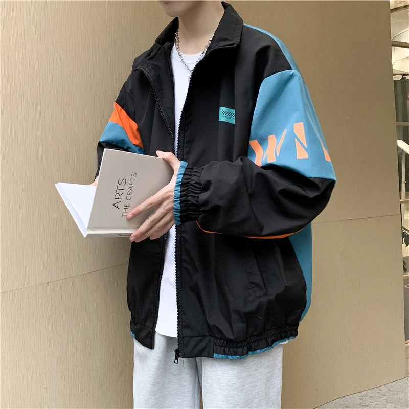Men’s Spring & Autumn Casual Jacket – Loose Fit Sporty Zip-Up Long Sleeve Hong Kong Style Outerwear