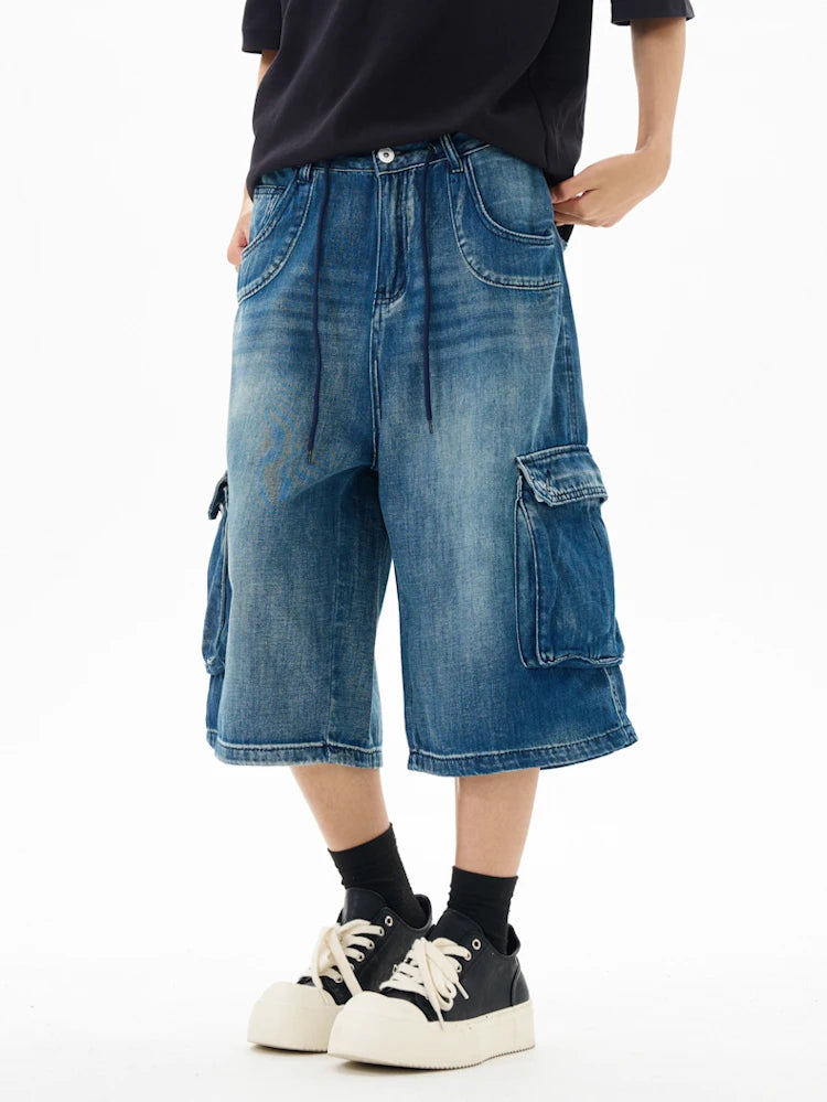 Men’s Washed Denim Cropped Pants – Loose Wide-Leg Multi-Pocket Streetwear Jeans