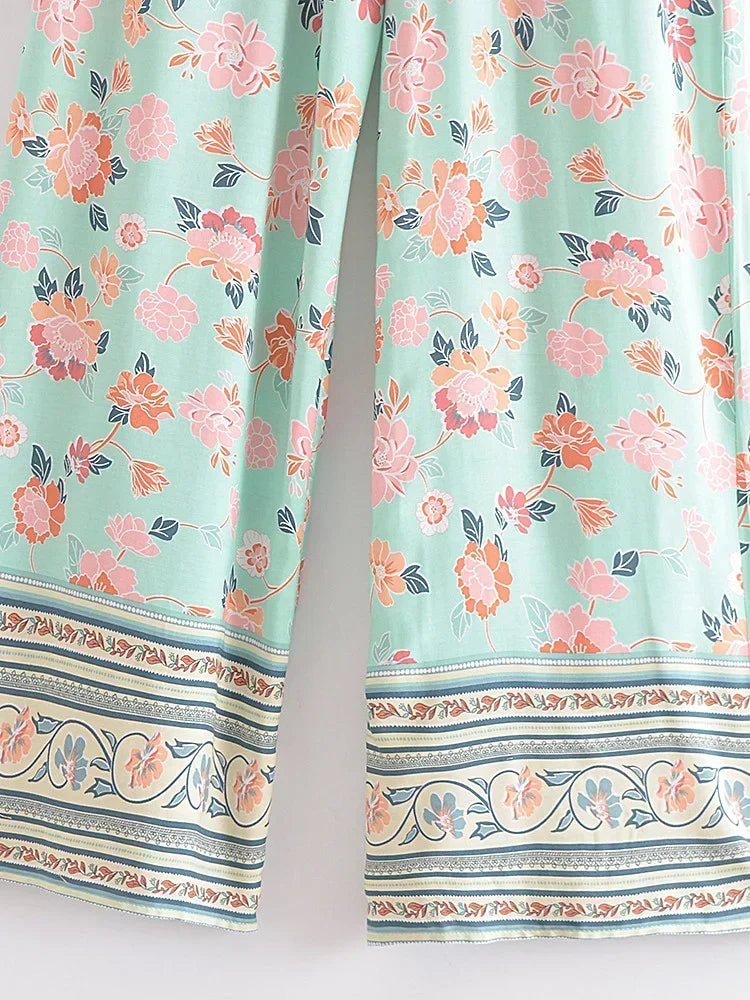 Women’s Floral Wide Leg Boho Pants – Vintage Chic High-Waisted Rayon Trousers
