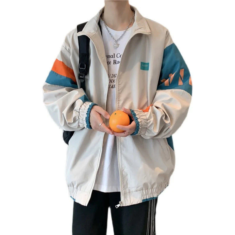 Men’s Spring & Autumn Casual Jacket – Loose Fit Sporty Zip-Up Long Sleeve Hong Kong Style Outerwear