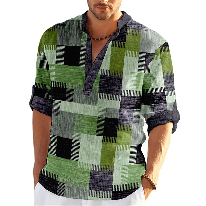 Men’s Vintage Henley Shirt – 3D Print Color Block Patchwork Top | Stand Collar Long Sleeve Casual Wear