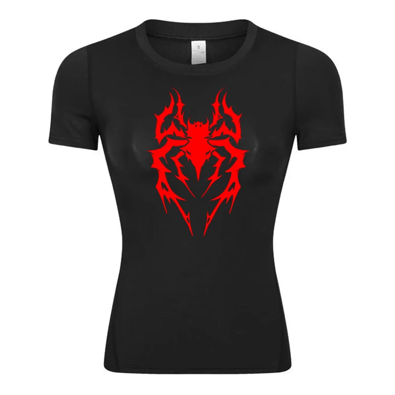 Women’s Spider Print Compression Shirt – Short Sleeve Athletic Top for Running, Gym & Yoga