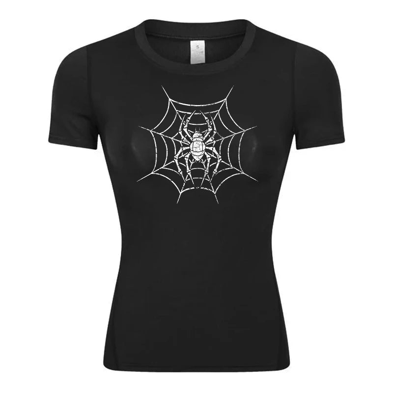 Women’s Spider Print Compression Shirt – Short Sleeve Athletic Top for Running, Gym & Yoga